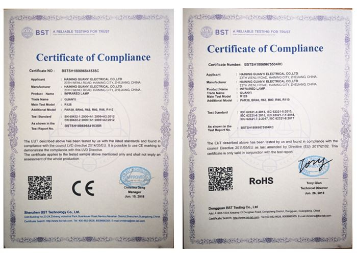 Certification for 240v 275w heat lamp